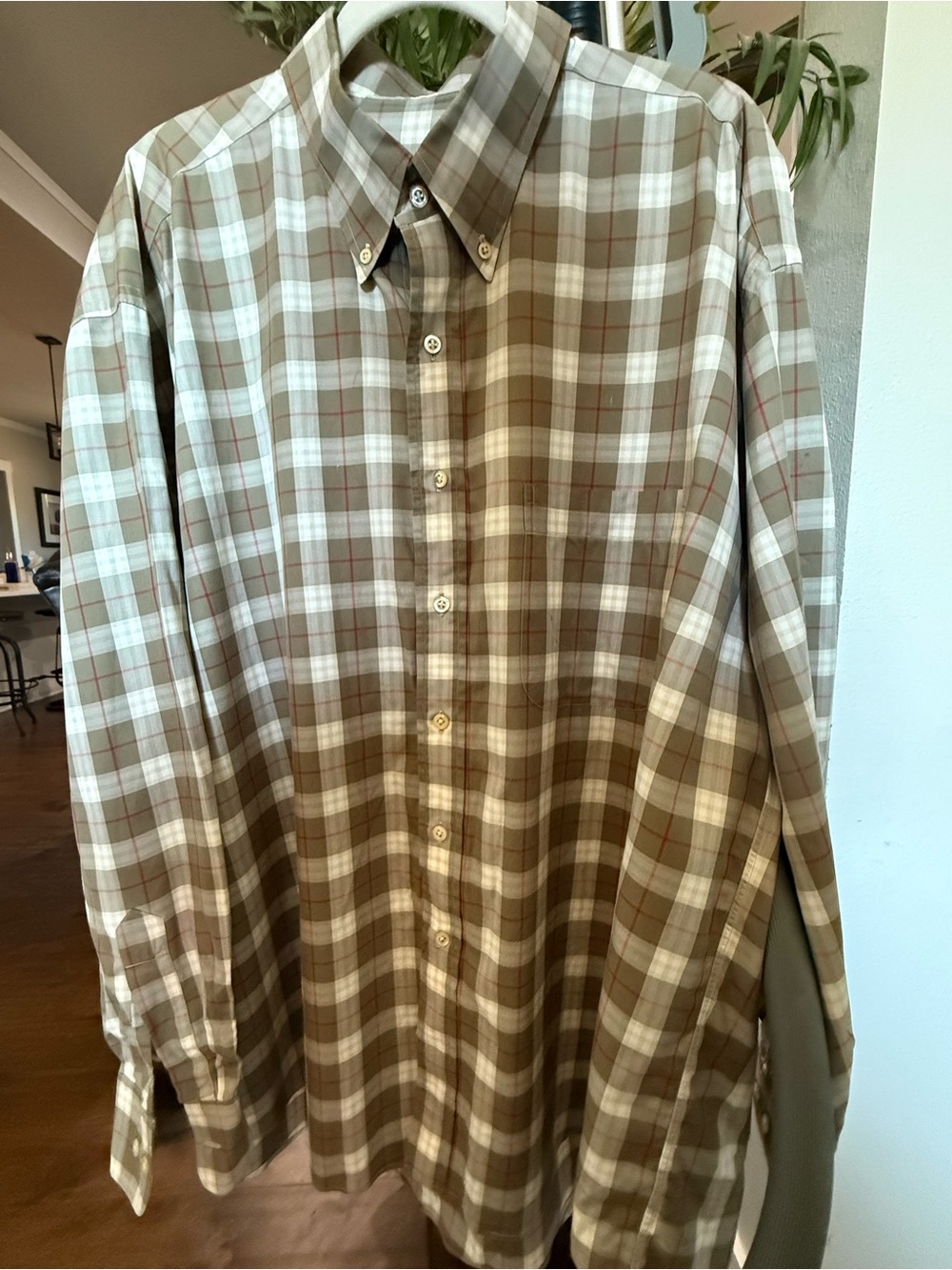 Burberry Tan, White and Subtle Red Plaid Button-Down Shirt